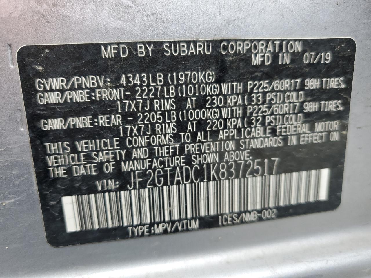 JF2GTADC1K8372517 2019 Subaru Crosstrek Premium