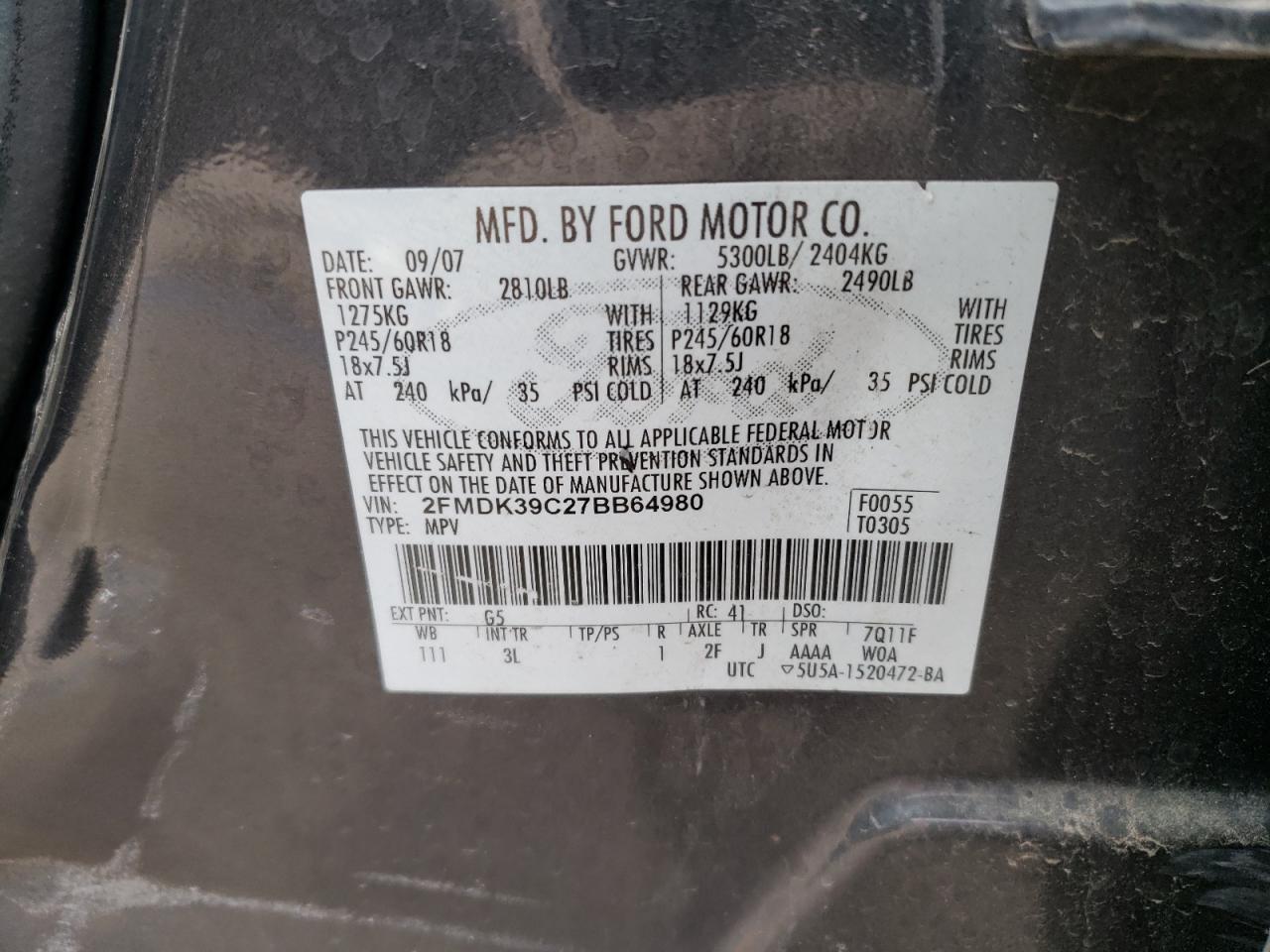 2FMDK39C27BB64980 2007 Ford Edge Sel Plus