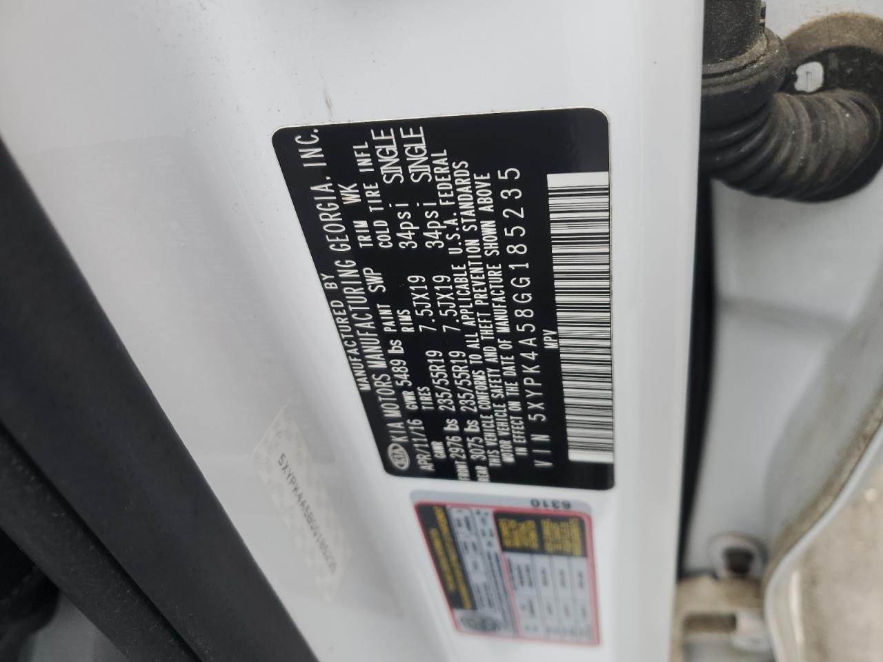 5XYPK4A58GG185235 2016 Kia Sorento Sx