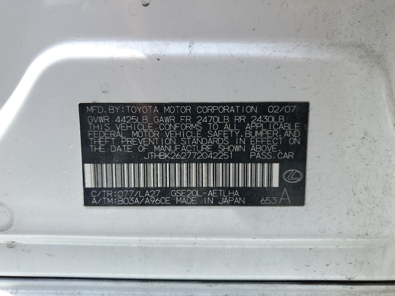 JTHBK262772042251 2007 Lexus Is 250