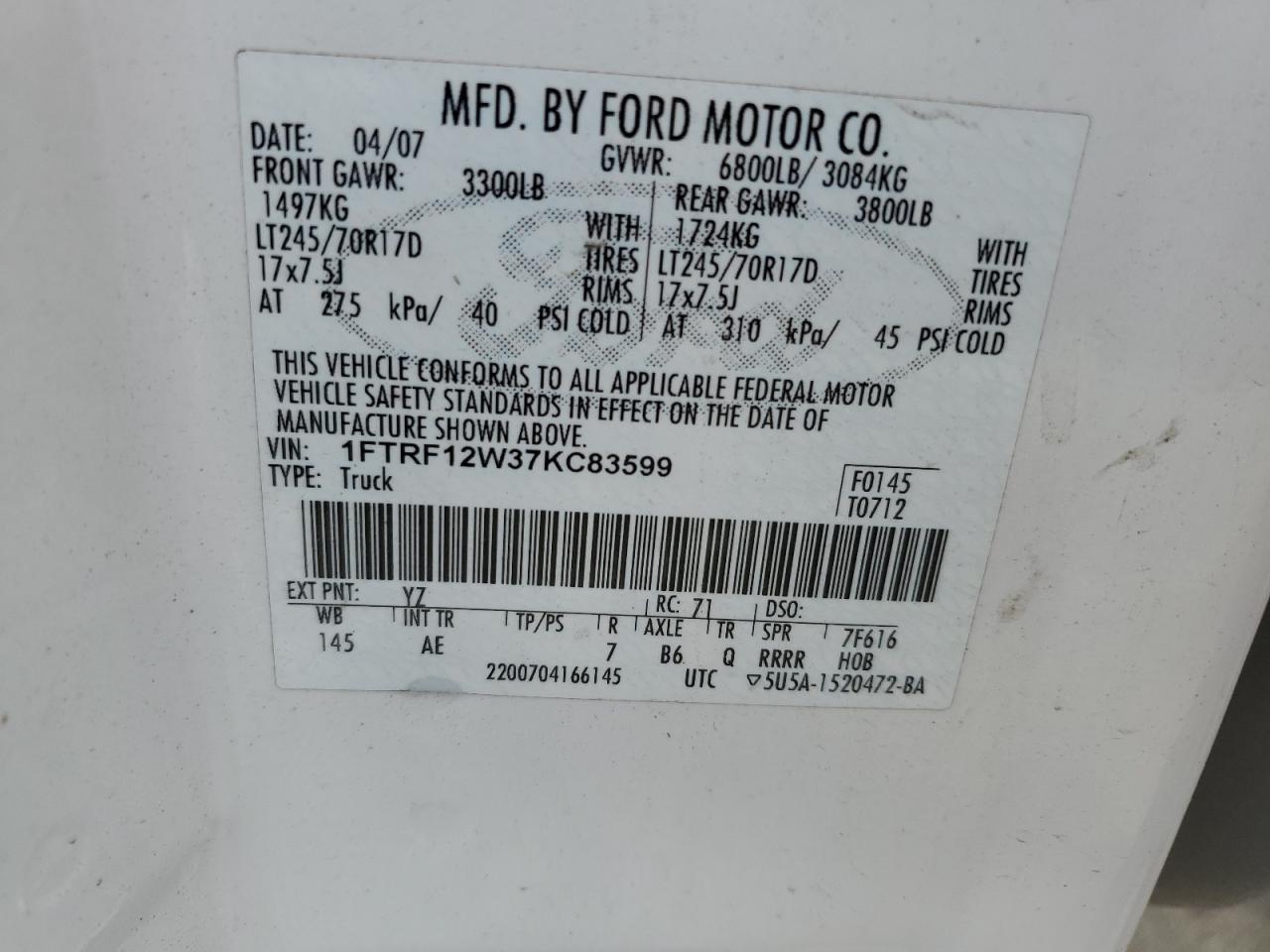 1FTRF12W37KC83599 2007 Ford F150