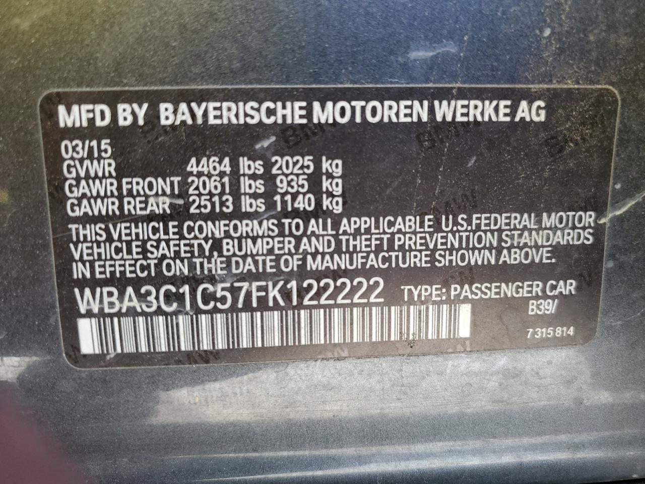 WBA3C1C57FK122222 2015 BMW 328 I Sulev