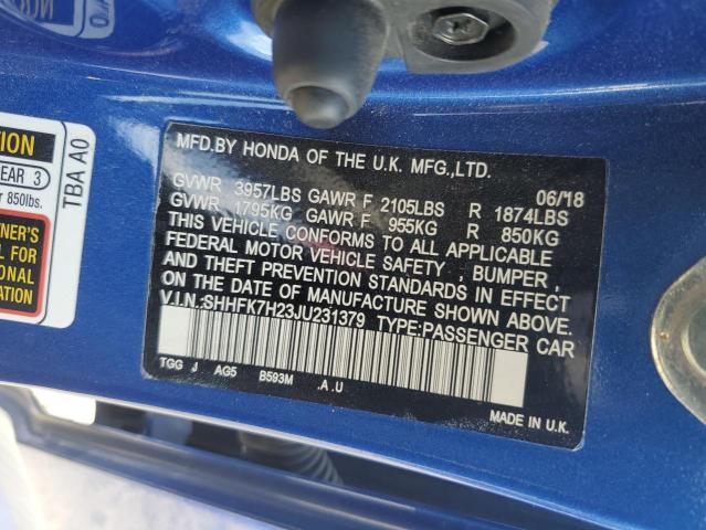 2018 Honda Civic Lx VIN: SHHFK7H23JU231379 Lot: 50739584