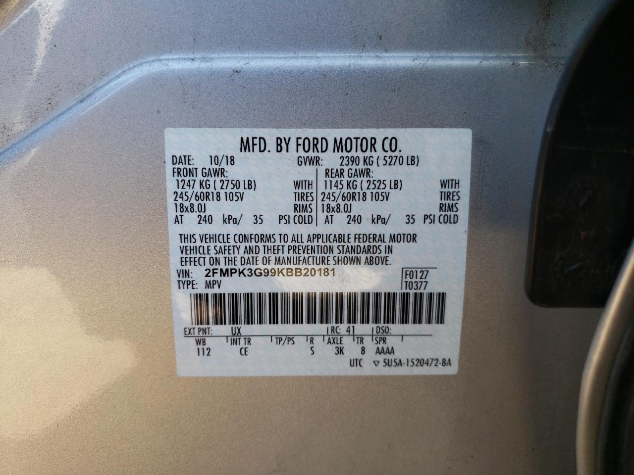 2FMPK3G99KBB20181 2019 Ford Edge Se