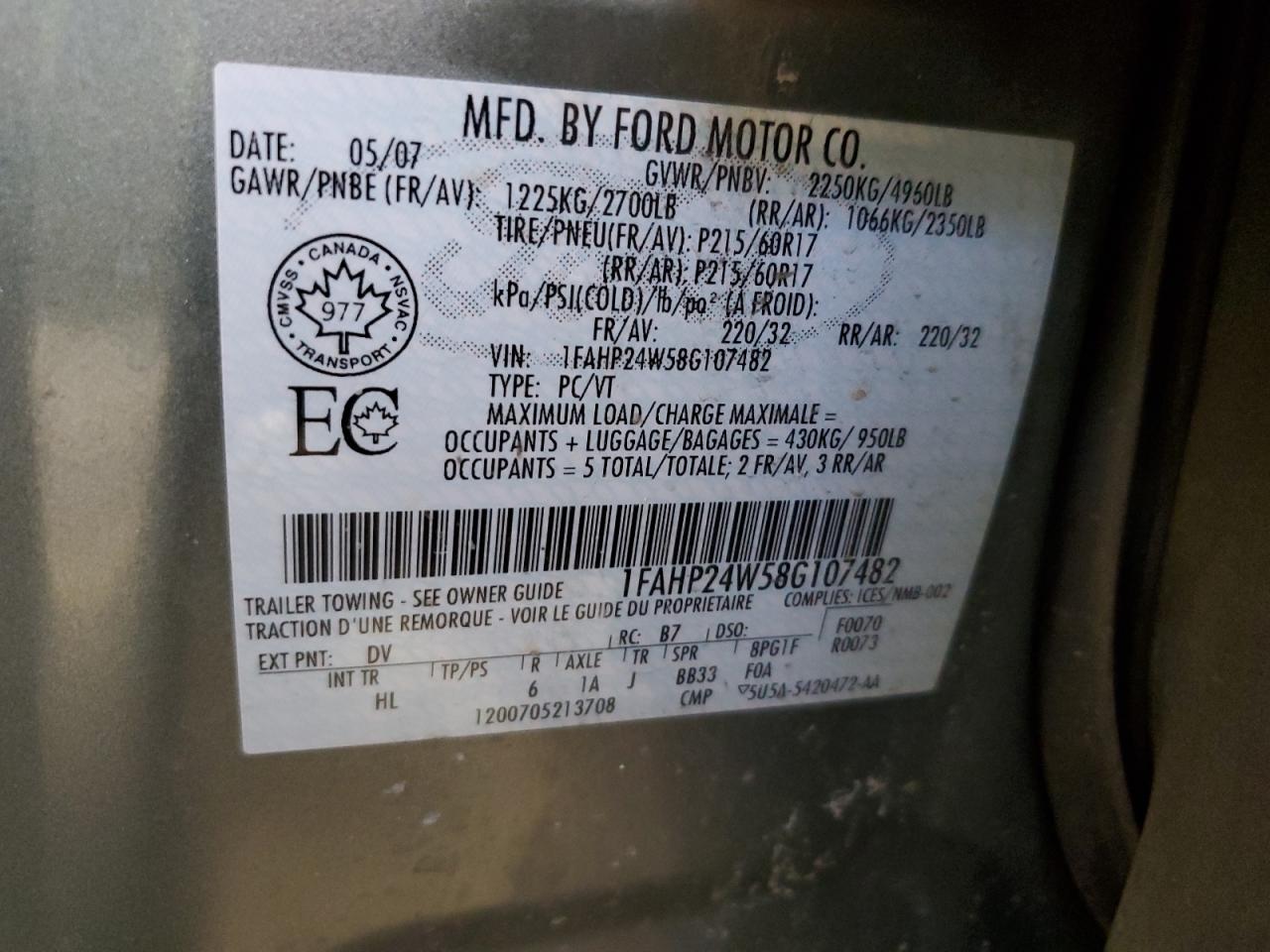 1FAHP24W58G107482 2008 Ford Taurus Sel