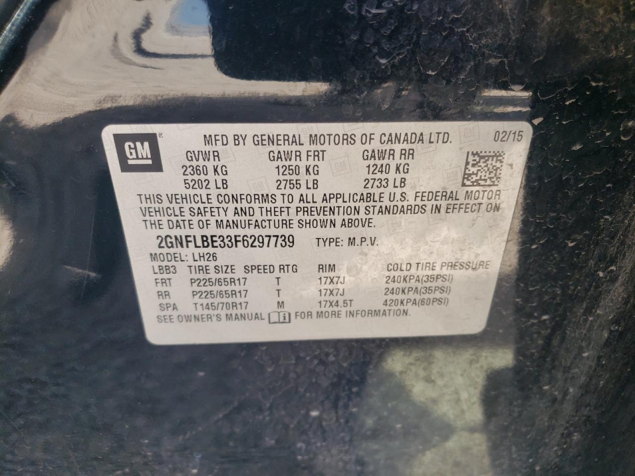 2GNFLBE33F6297739 2015 Chevrolet Equinox Lt