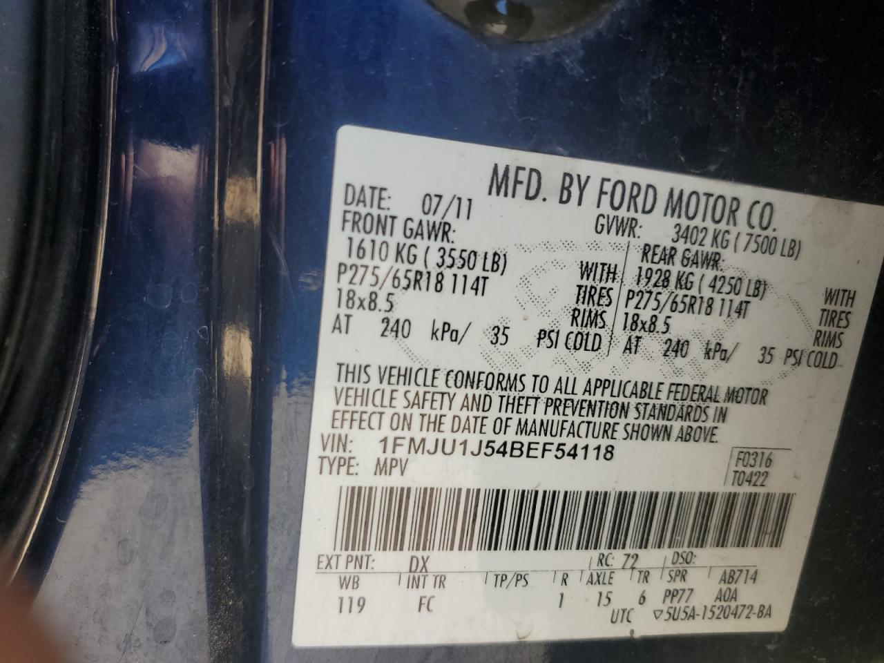 1FMJU1J54BEF54118 2011 Ford Expedition Xlt