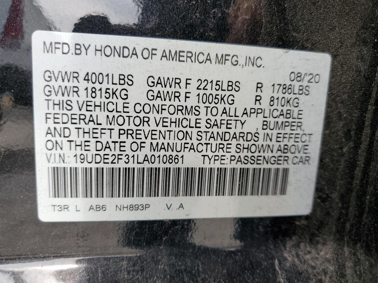 19UDE2F31LA010861 2020 Acura Ilx