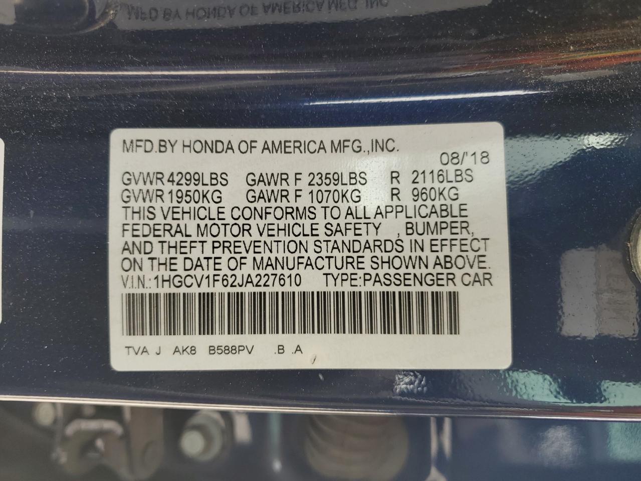 1HGCV1F62JA227610 2018 Honda Accord Exl