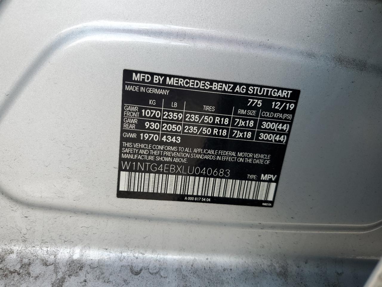 W1NTG4EBXLU040683 2020 Mercedes-Benz Gla 250