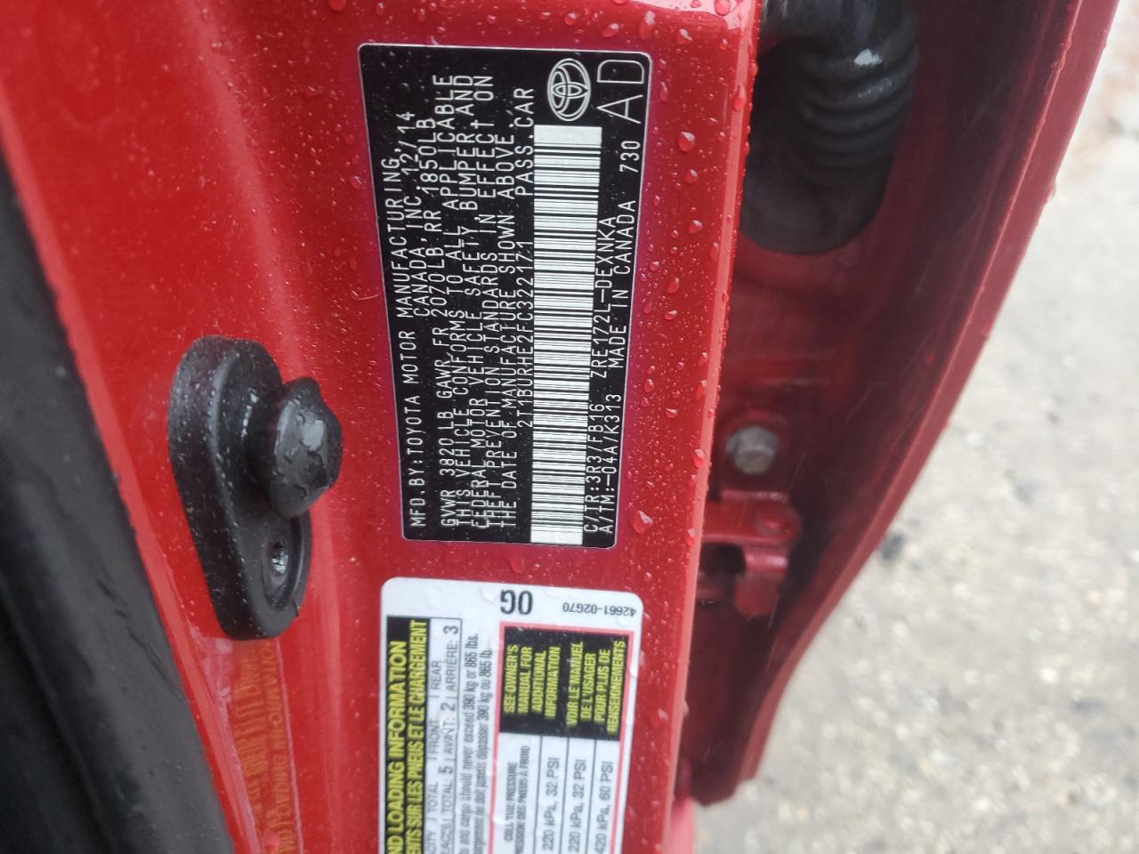 2T1BURHE2FC322171 2015 Toyota Corolla L