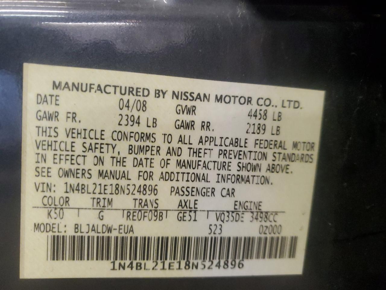 1N4BL21E18N524896 2008 Nissan Altima 3.5Se