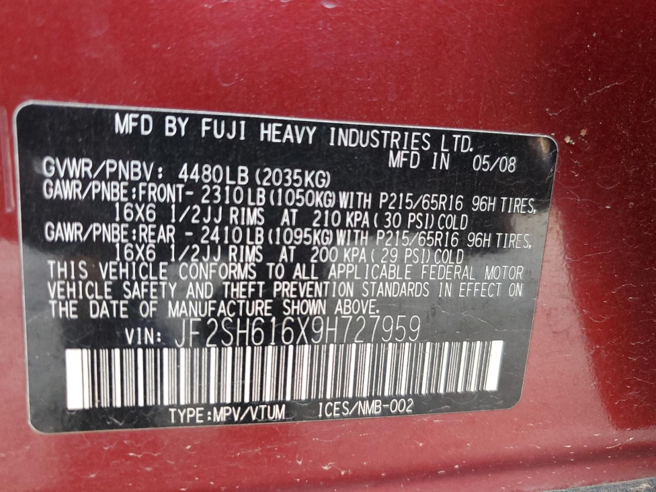 JF2SH616X9H727959 2009 Subaru Forester 2.5X