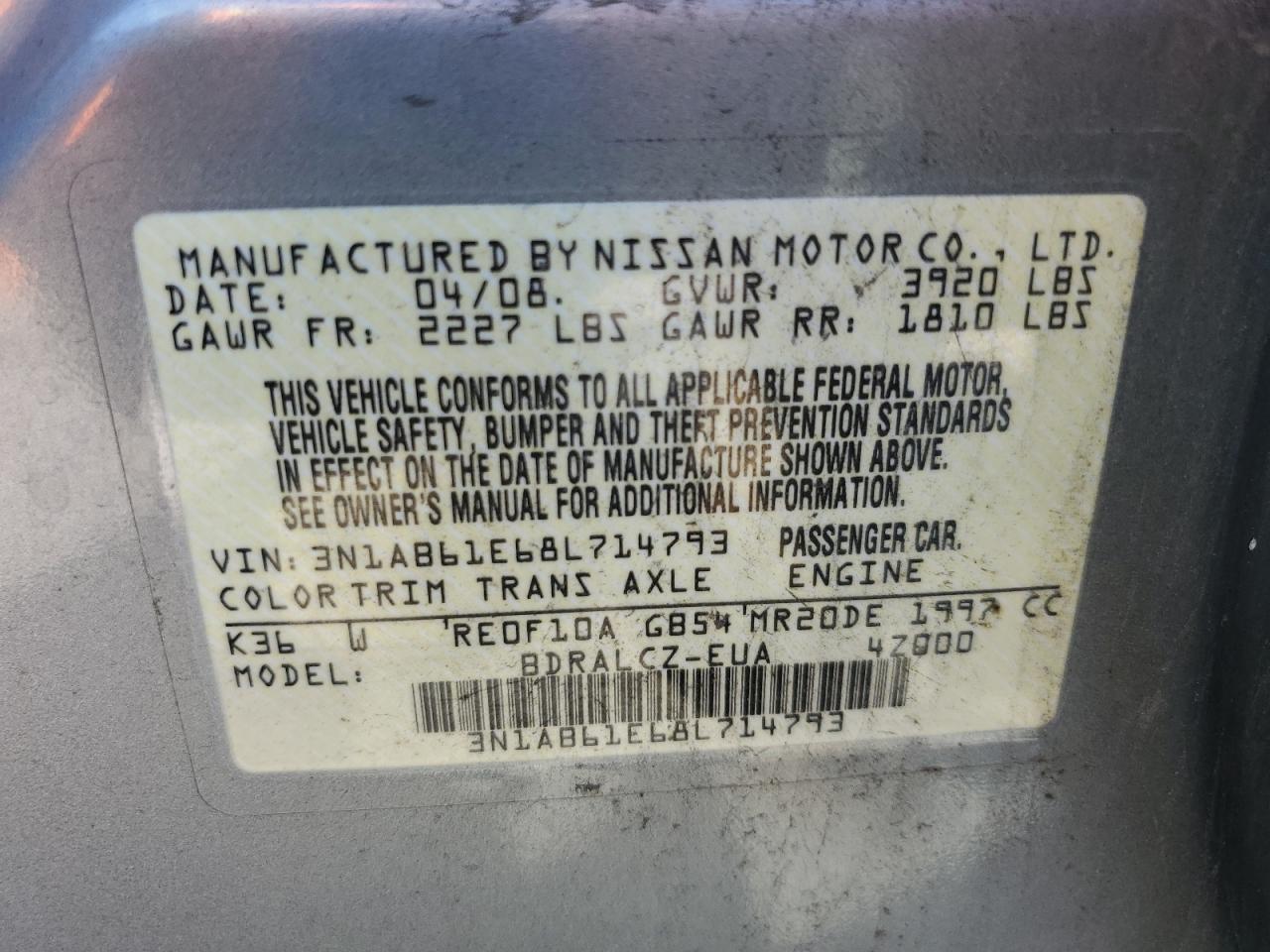 3N1AB61E68L714793 2008 Nissan Sentra 2.0