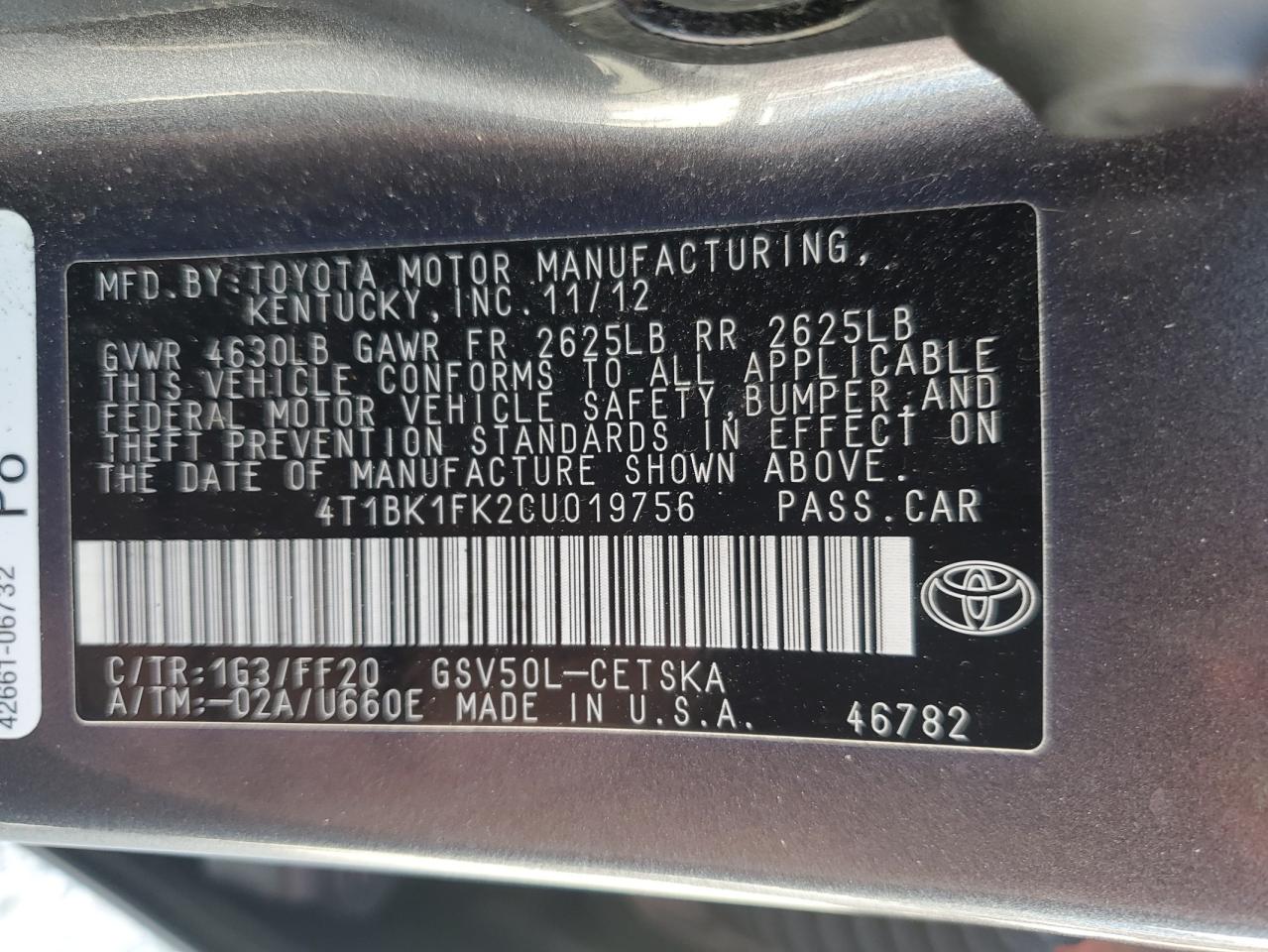 4T1BK1FK2CU019756 2012 Toyota Camry Se