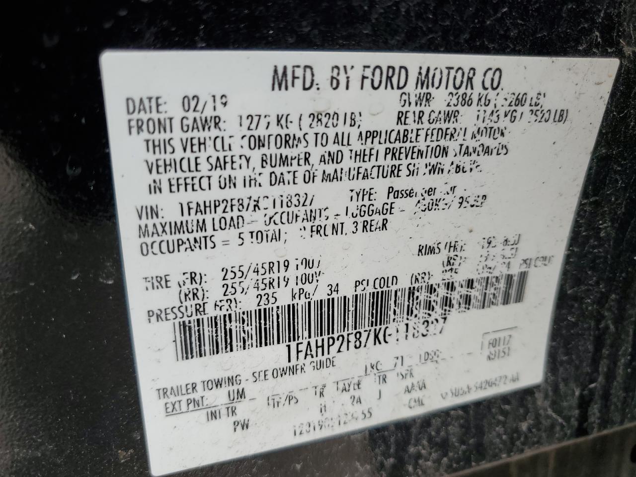 1FAHP2F87KG118327 2019 Ford Taurus Limited