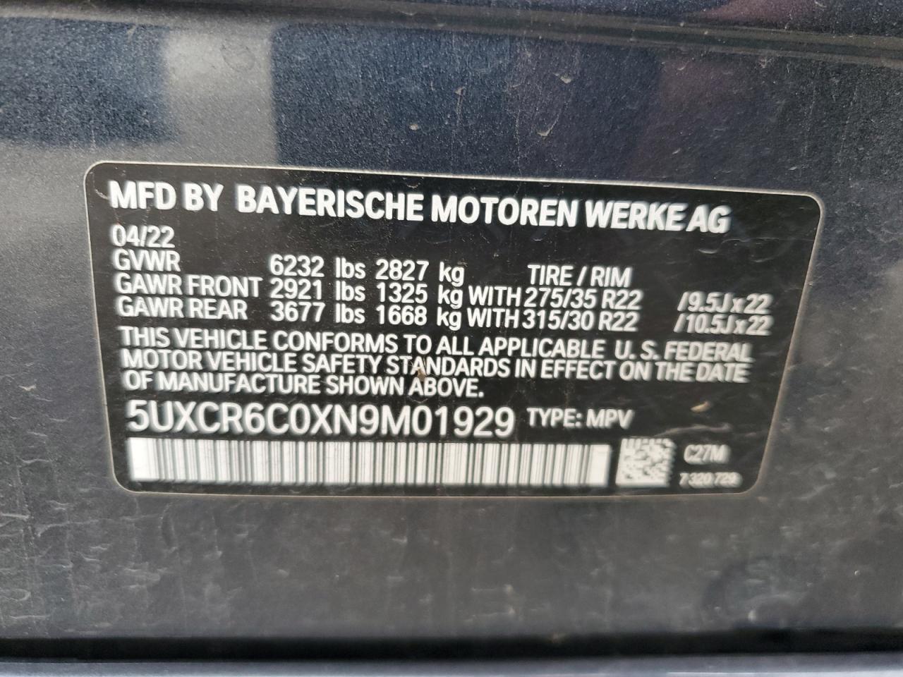 5UXCR6C0XN9M01929 2022 BMW X5 xDrive40I