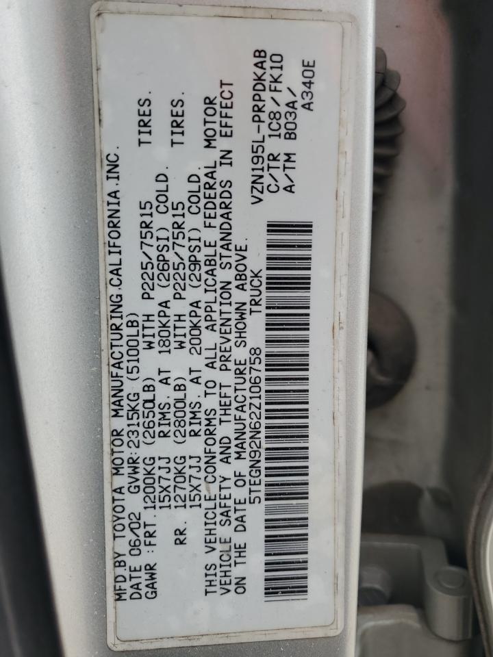 5TEGN92N62Z106758 2002 Toyota Tacoma Double Cab Prerunner