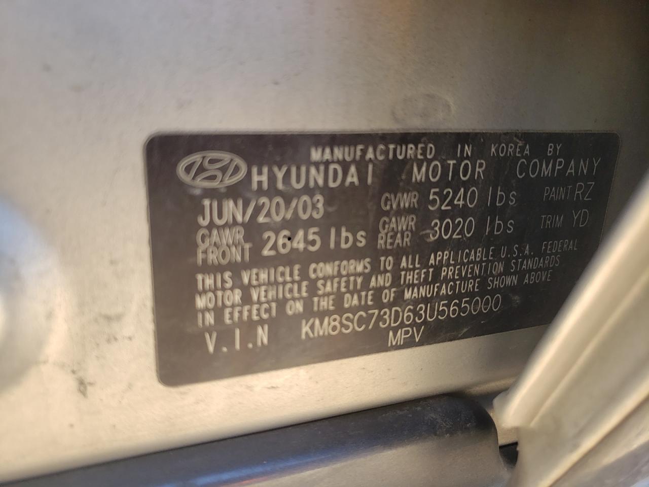 KM8SC73D63U565000 2003 Hyundai Santa Fe Gls