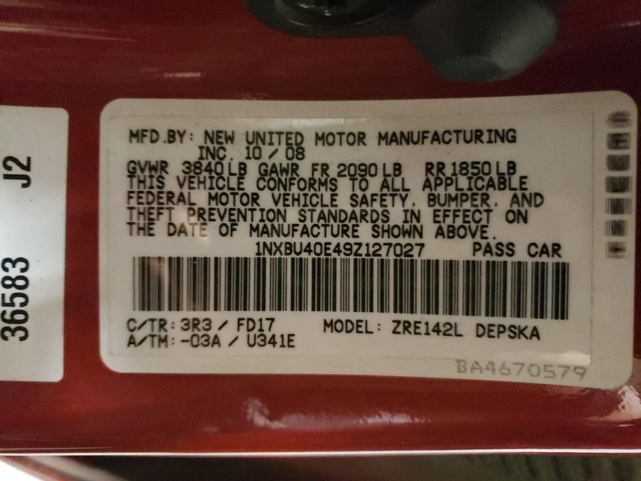 1NXBU40E49Z127027 2009 Toyota Corolla Base