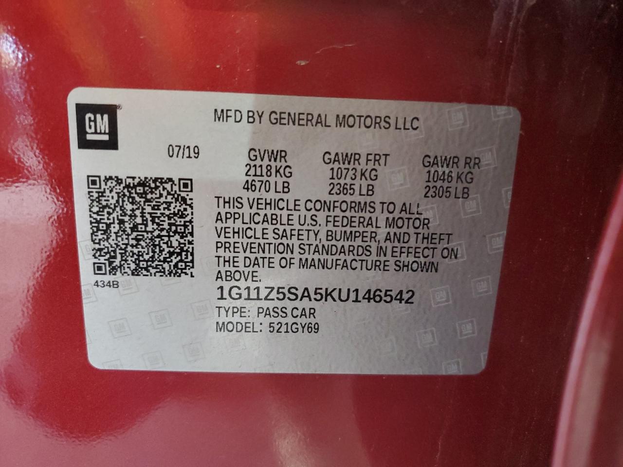 1G11Z5SA5KU146542 2019 Chevrolet Impala Lt