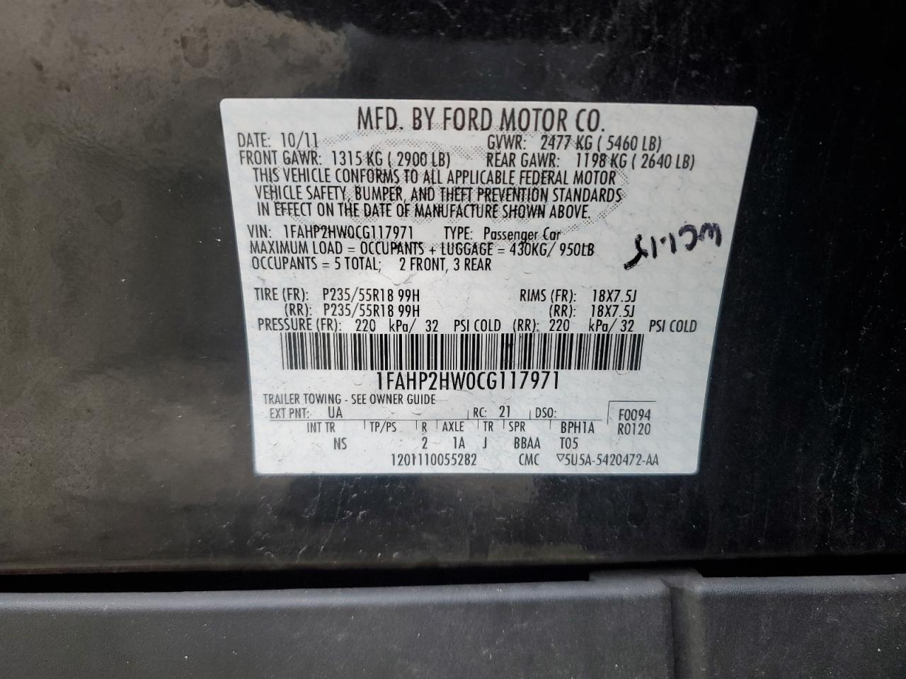 1FAHP2HW0CG117971 2012 Ford Taurus Sel