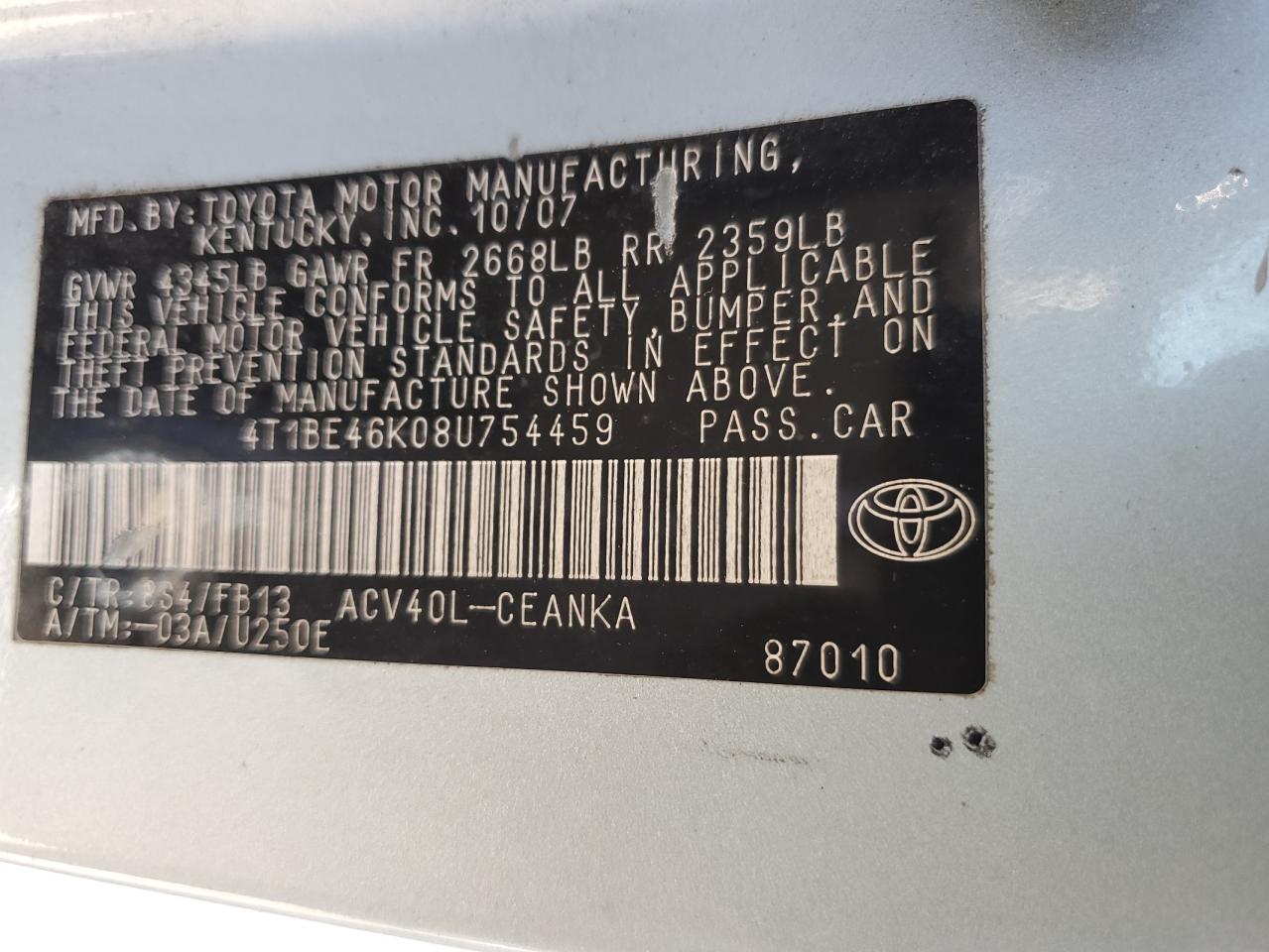 4T1BE46K08U754459 2008 Toyota Camry Ce