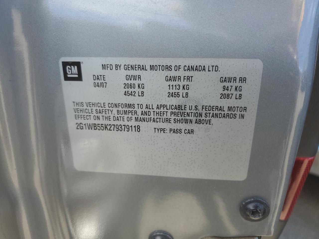 2G1WB55K279379118 2007 Chevrolet Impala Ls