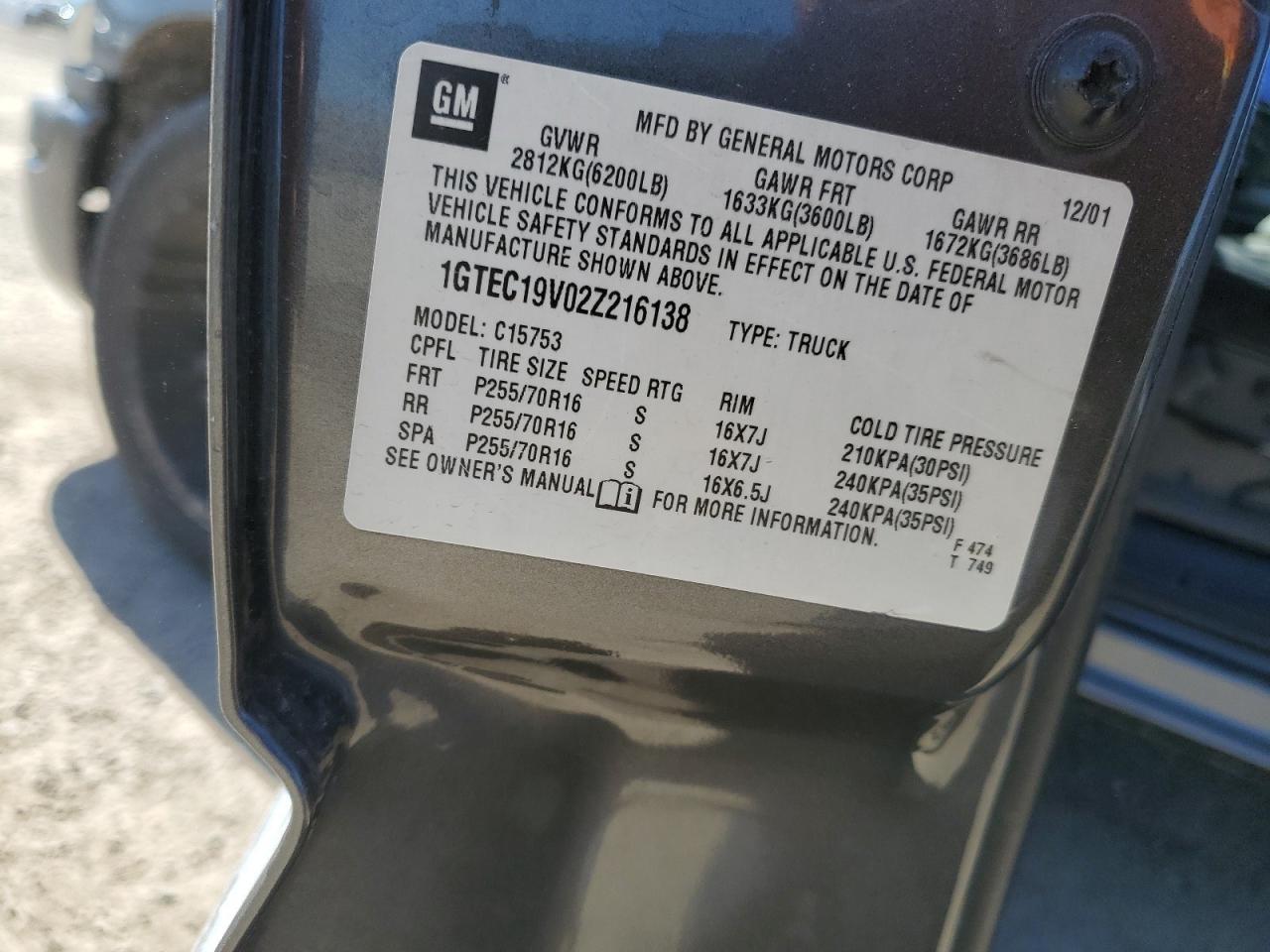 1GTEC19V02Z216138 2002 GMC New Sierra C1500