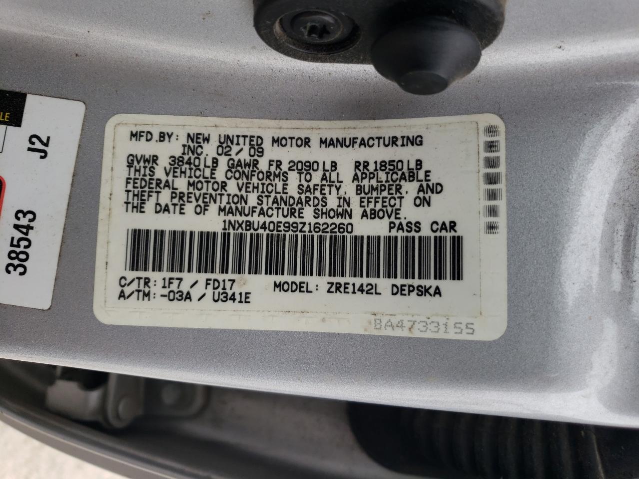 1NXBU40E99Z162260 2009 Toyota Corolla Base