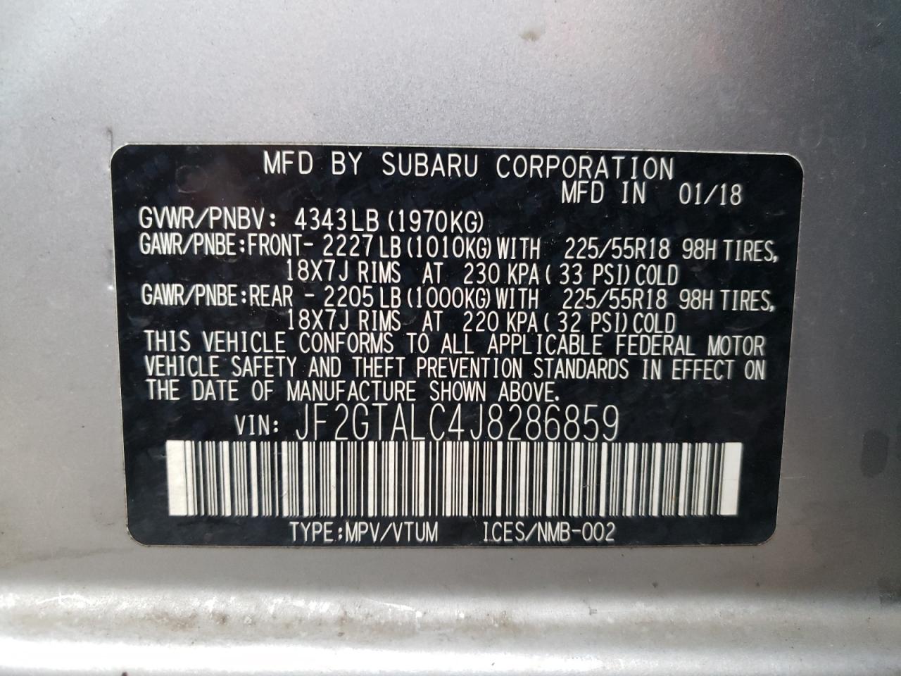 JF2GTALC4J8286859 2018 Subaru Crosstrek Limited