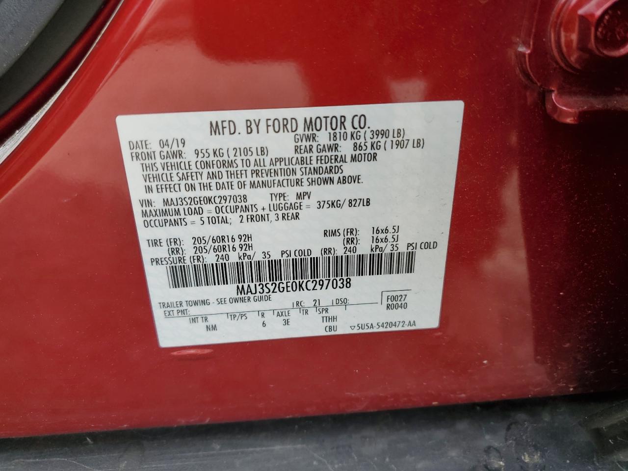 MAJ3S2GE0KC297038 2019 Ford Ecosport Se