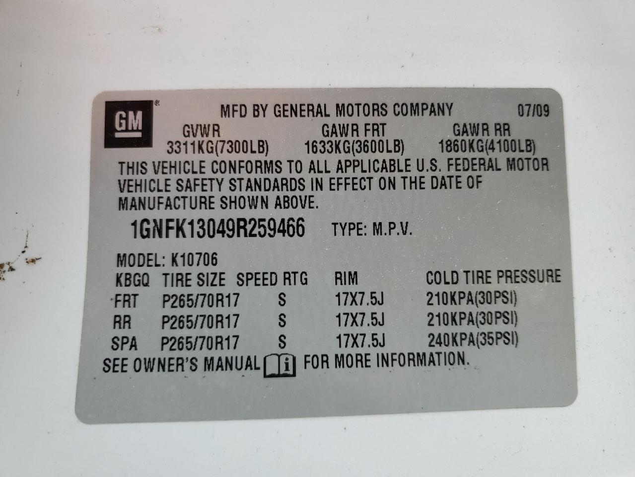 1GNFK13049R259466 2009 Chevrolet Tahoe K1500 Ls