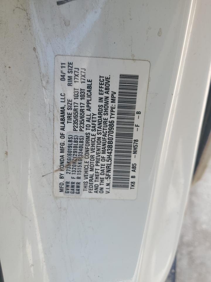 5FNRL5H43BB070986 2011 Honda Odyssey Ex