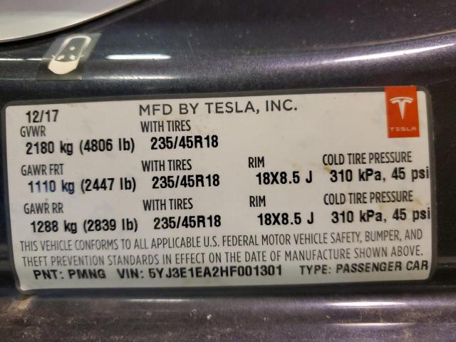 2017 Tesla Model 3 VIN: 5YJ3E1EA2HF001301 Lot: 50968814