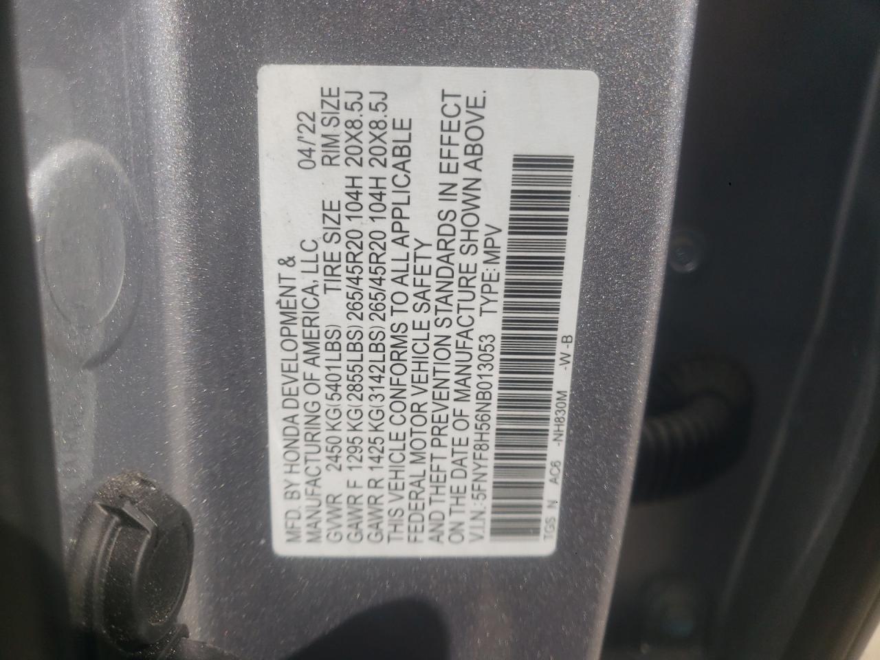 5FNYF8H56NB013053 2022 Honda Passport Exl