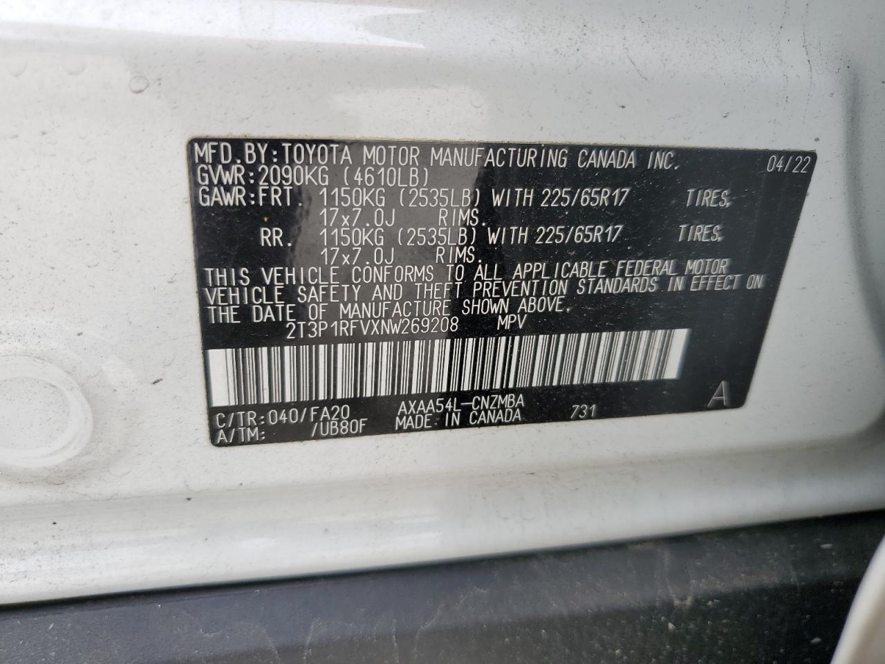 2T3P1RFVXNW269208 2022 Toyota Rav4 Xle