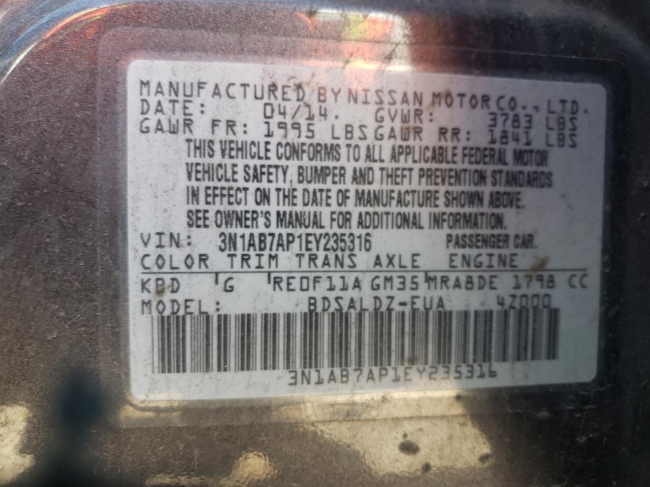 3N1AB7AP1EY235316 2014 Nissan Sentra S