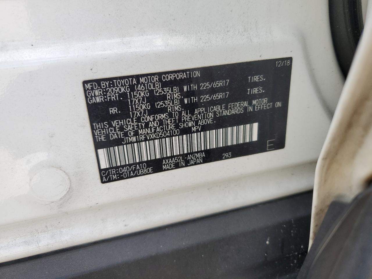 JTMW1RFVXKD504100 2019 Toyota Rav4 Xle