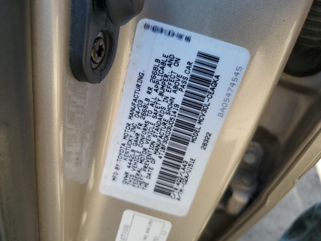 4T1BF30K03U051419 2003 Toyota Camry Le