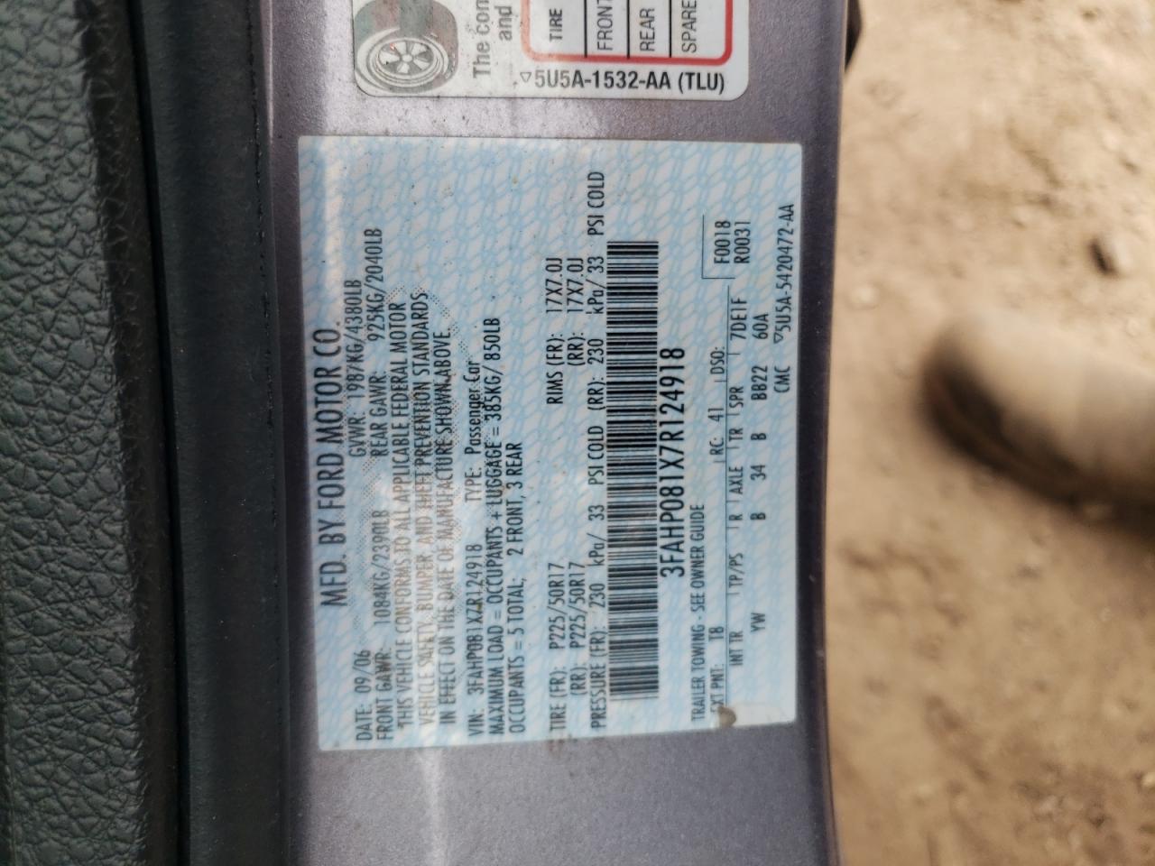 3FAHP081X7R124918 2007 Ford Fusion Sel