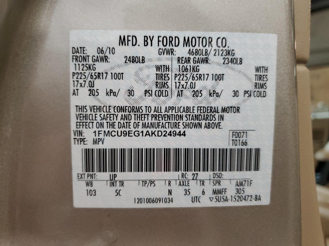 1FMCU9EG1AKD24944 2010 Ford Escape Limited