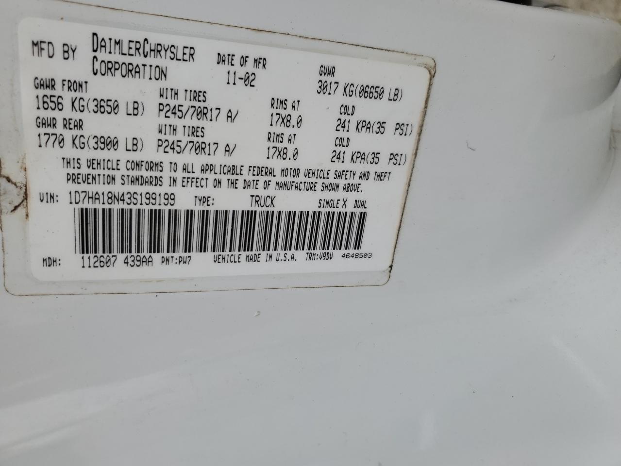 1D7HA18N43S199199 2003 Dodge Ram 1500 St