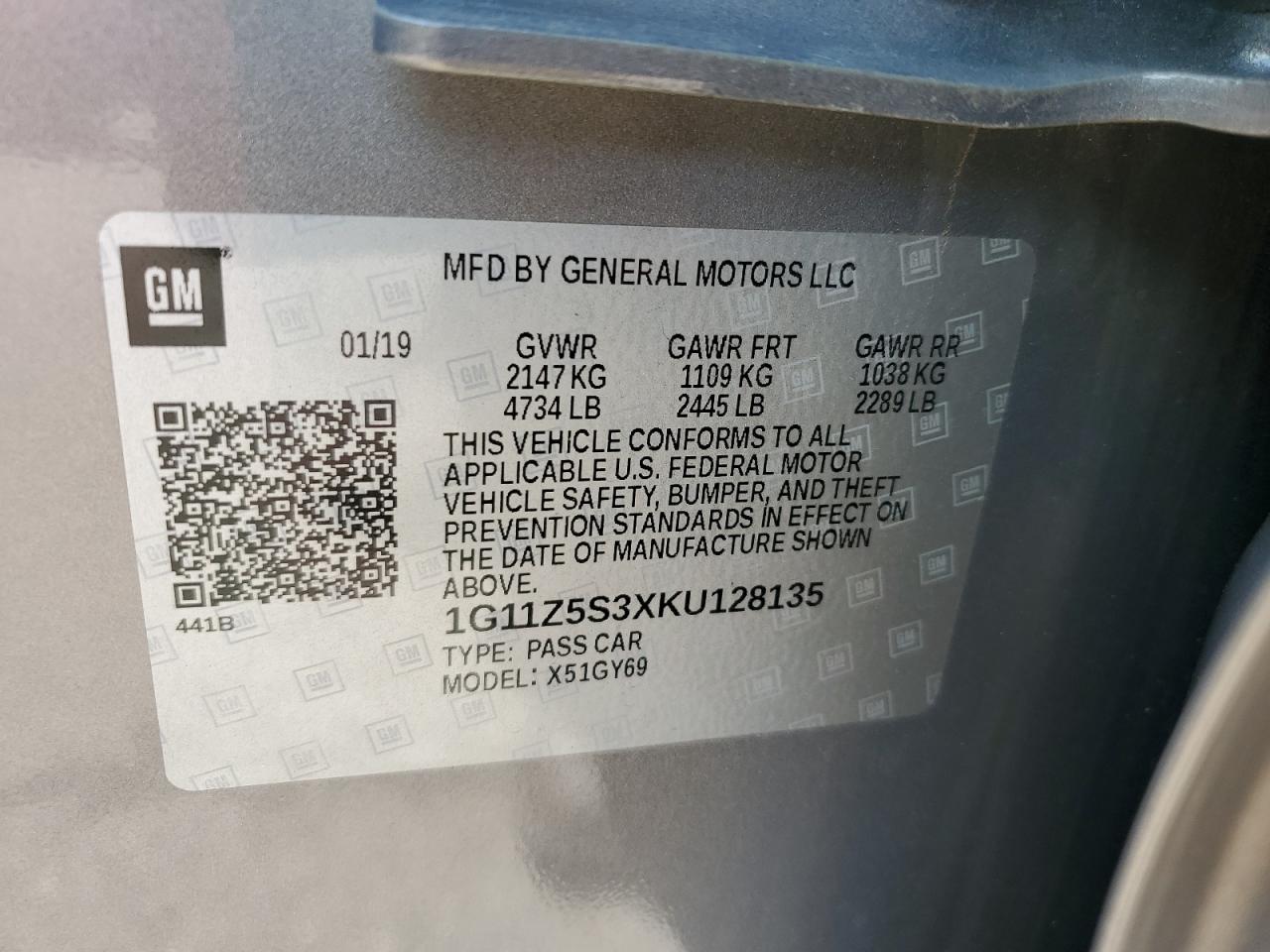 1G11Z5S3XKU128135 2019 Chevrolet Impala Lt