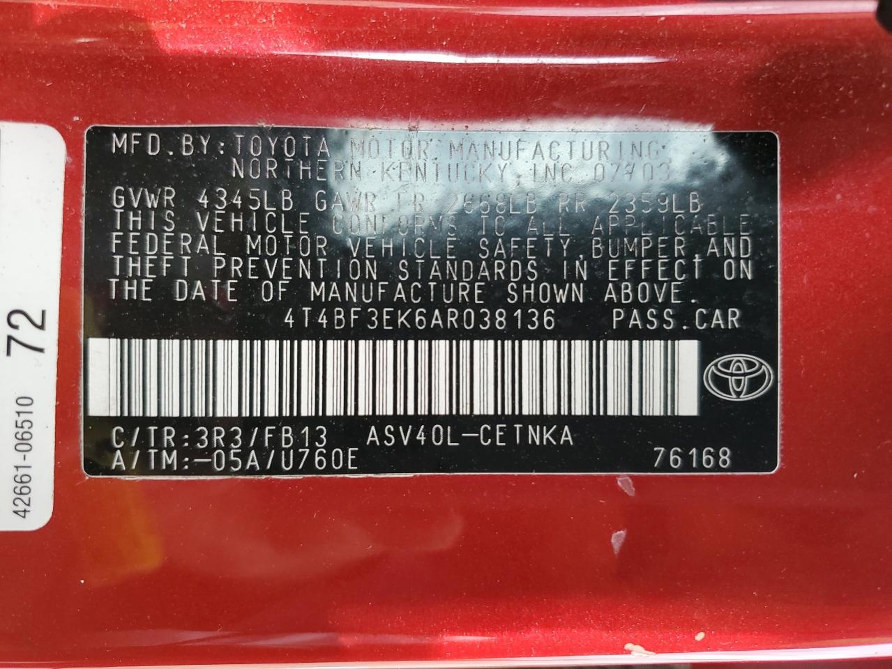 4T4BF3EK6AR038136 2010 Toyota Camry Base