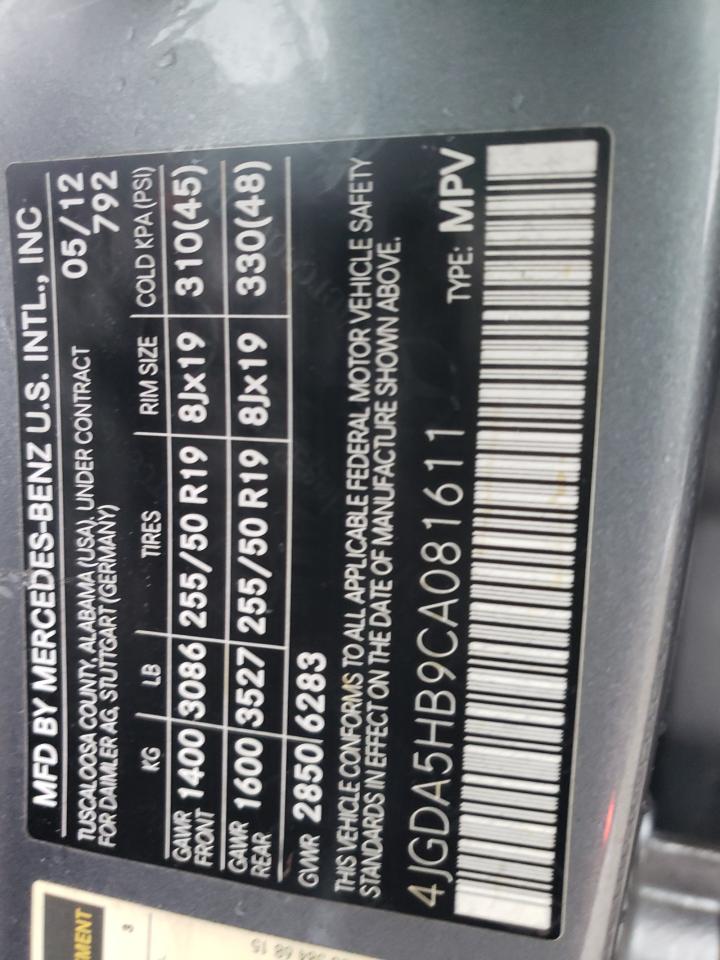 4JGDA5HB9CA081611 2012 Mercedes-Benz Ml 350 4Matic