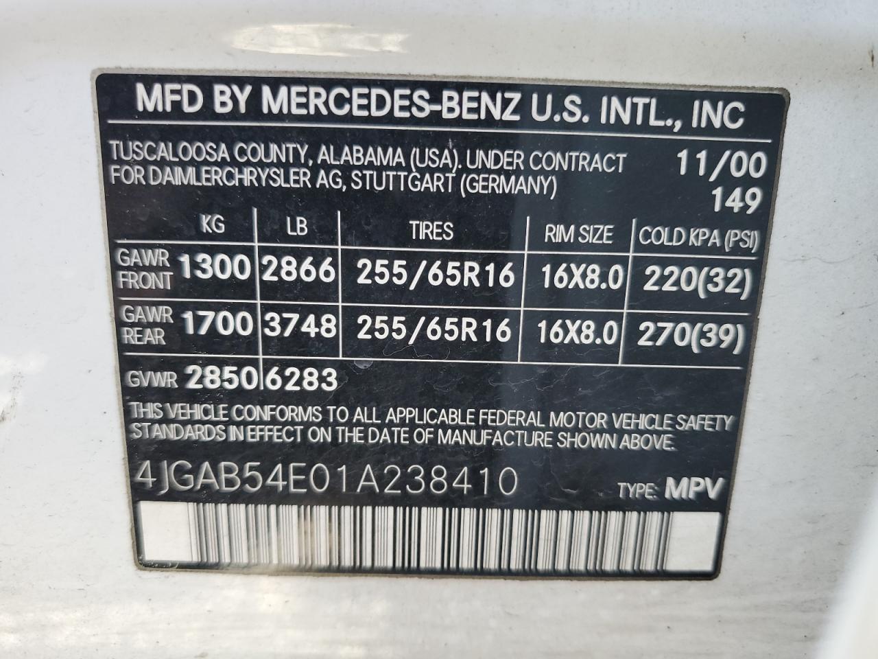 4JGAB54E01A238410 2001 Mercedes-Benz Ml 320