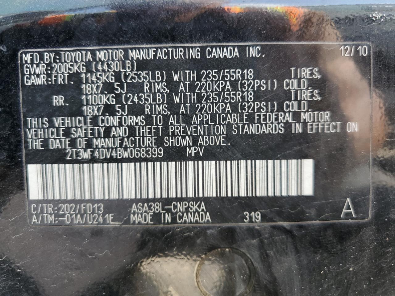 2T3WF4DV4BW068399 2011 Toyota Rav4 Sport