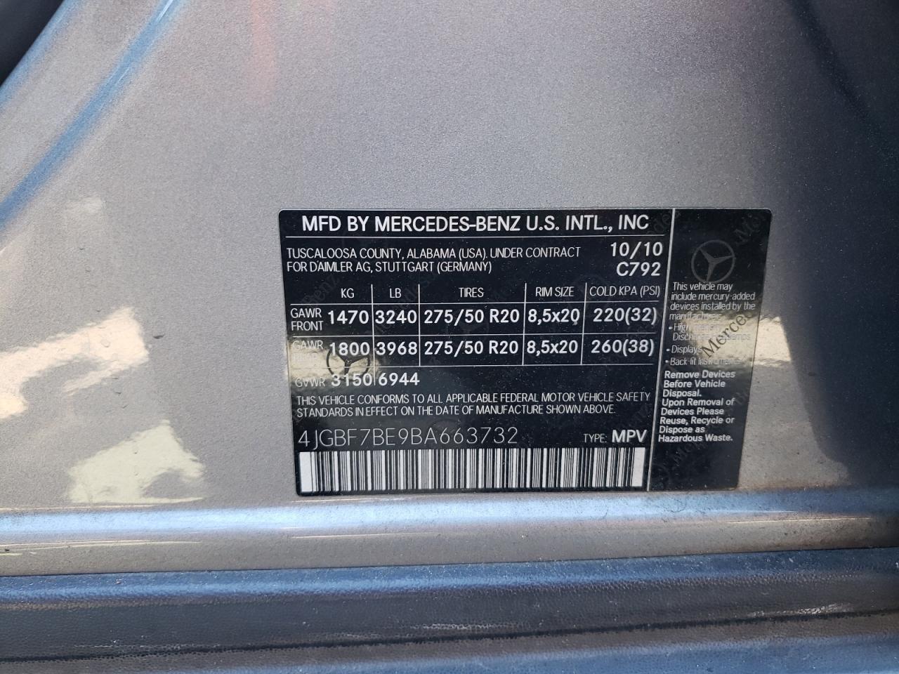 4JGBF7BE9BA663732 2011 Mercedes-Benz Gl 450 4Matic