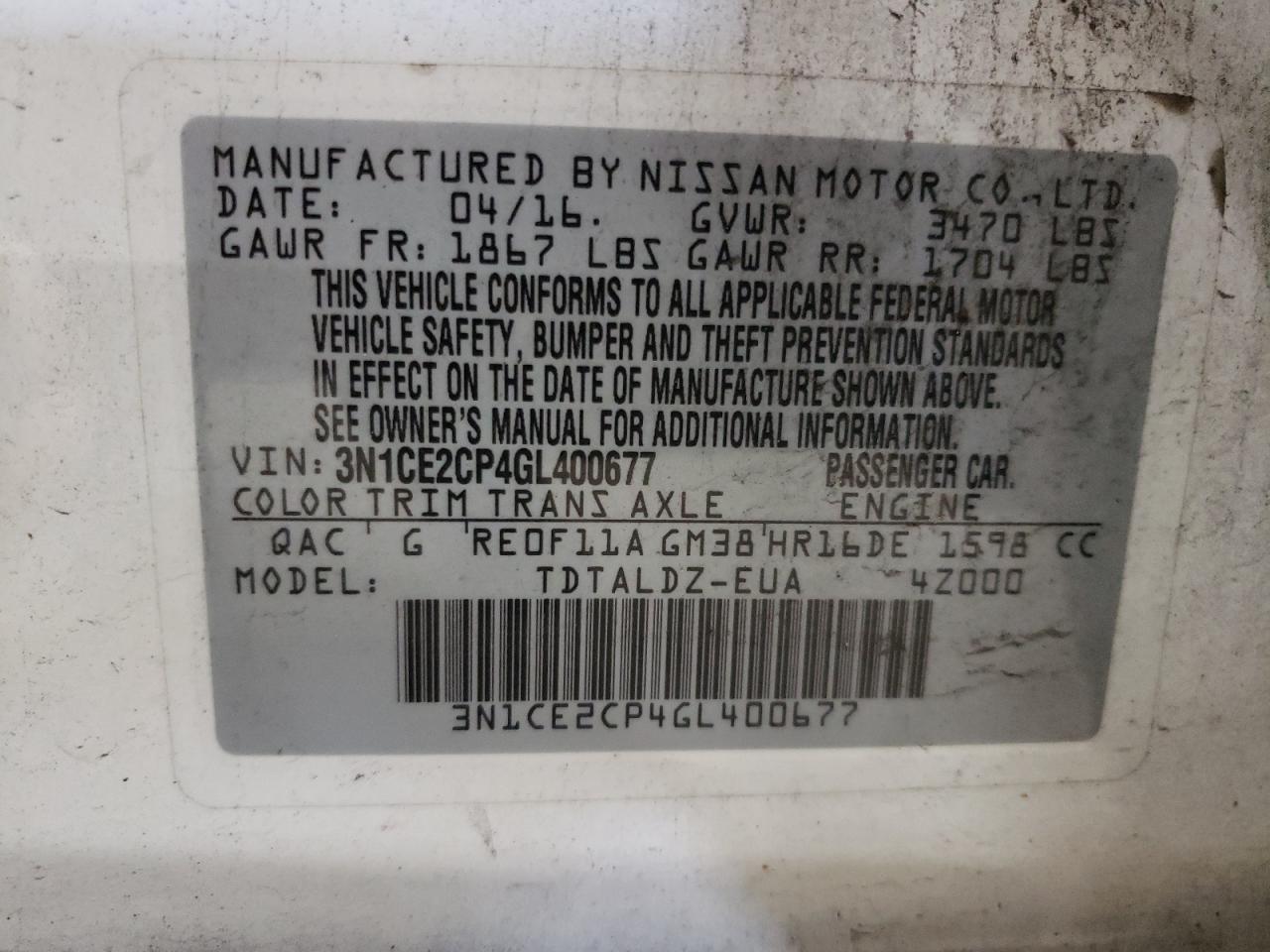 3N1CE2CP4GL400677 2016 Nissan Versa Note S